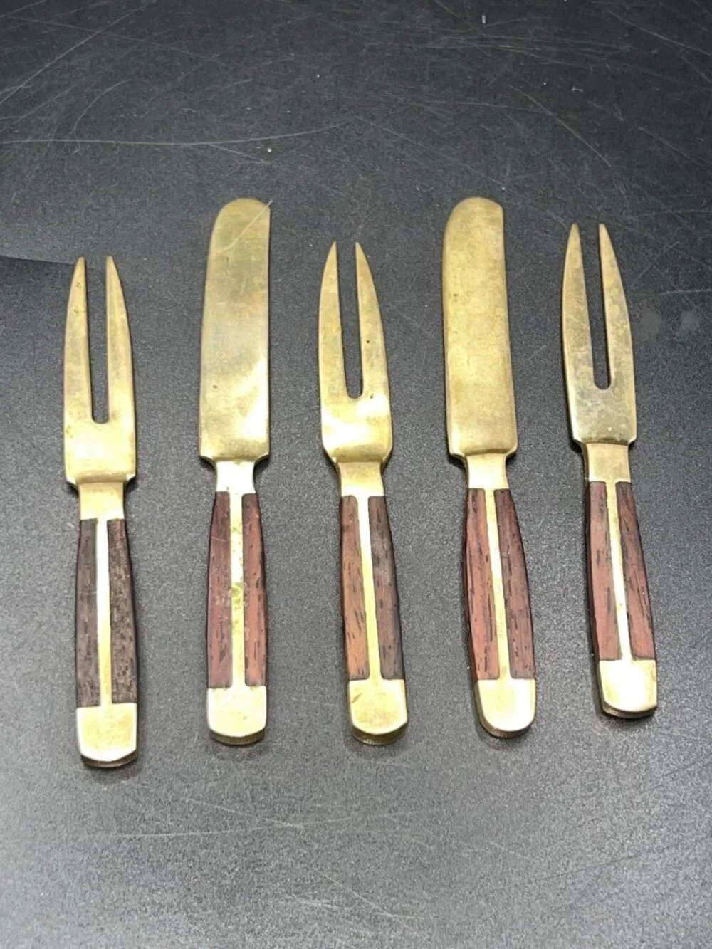 Brass And Wood Cocktail Picks/Cheese spreaders  Set Of 5 Vintage Hors Doeuvre